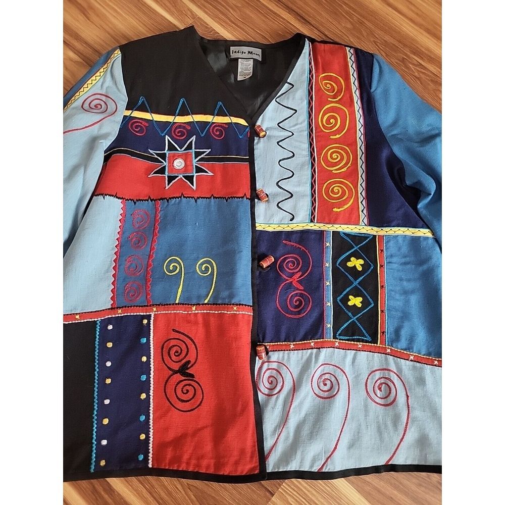 Indigo Moon Embroidered Beaded Jacket Women's Size Medium Color Block Eclectic - Picture 4 of 9
